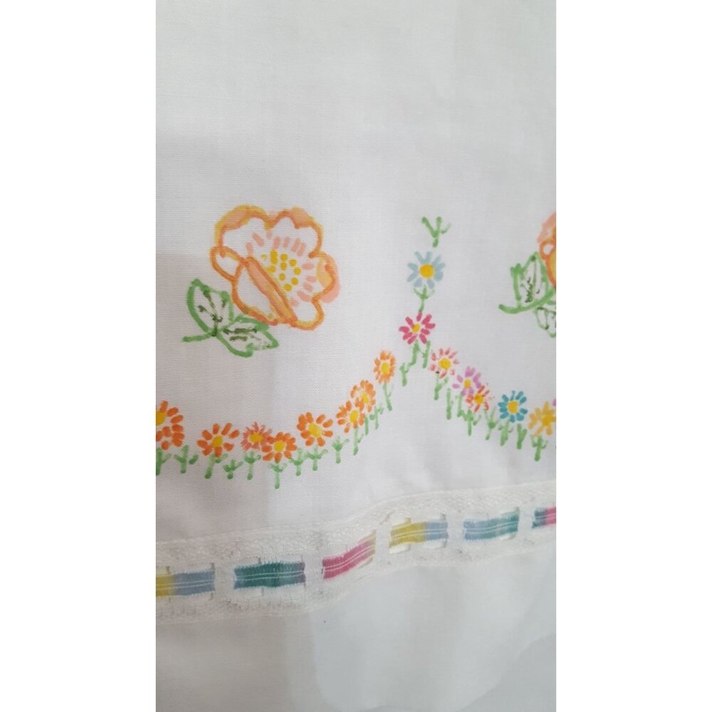 Vintage Hand Painted Pillowcase White Orange Flowers Ribbon Trim - Picture 4 of 6